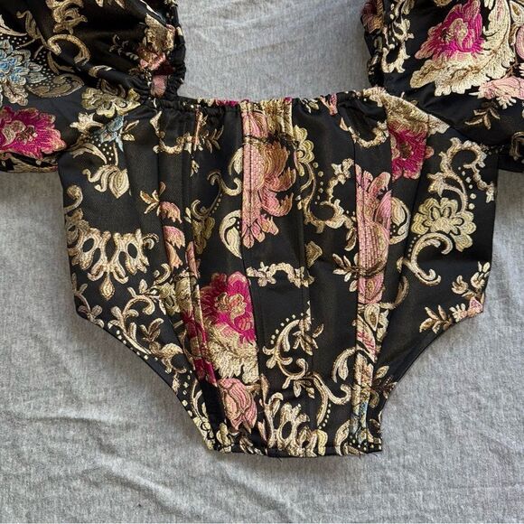 Sz Small Shein Jacquard Black Gold Pink & Blue Cropped Puffy Corset Style Top - Picture 2 of 7